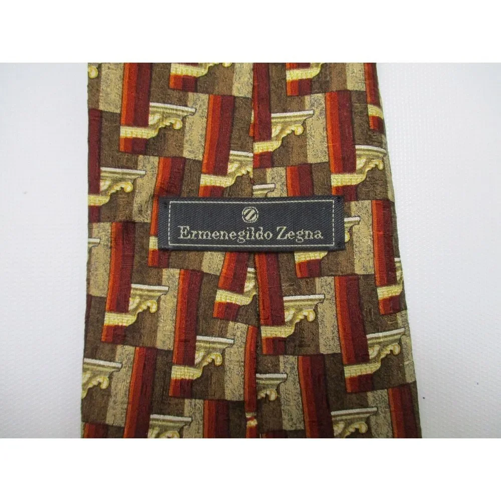 Ermenegildo Zegna Mens Silk Necktie Italy‎ Designer Gold / Bronze Geometric Tie